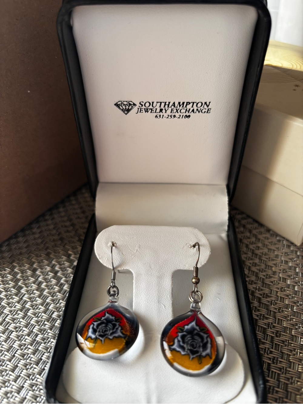 Teardrop Floral Glass Dangle Earrings - Red, Black & Yellow - Picture 3 of 5